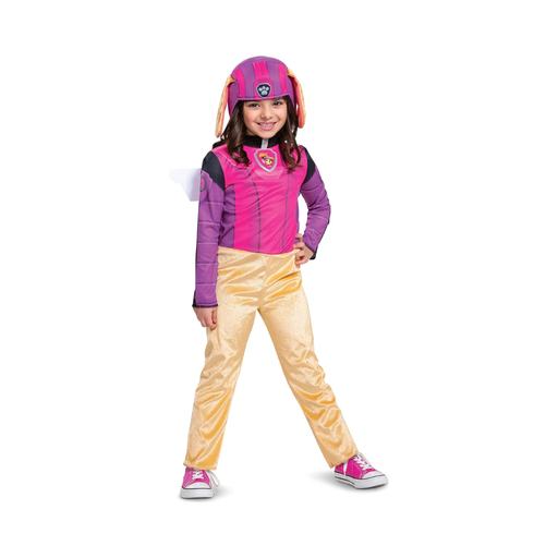Disfraz de Skye de Paw Patrol para niña, mono rosado y morado con pantalón dorado y diadema con orejas