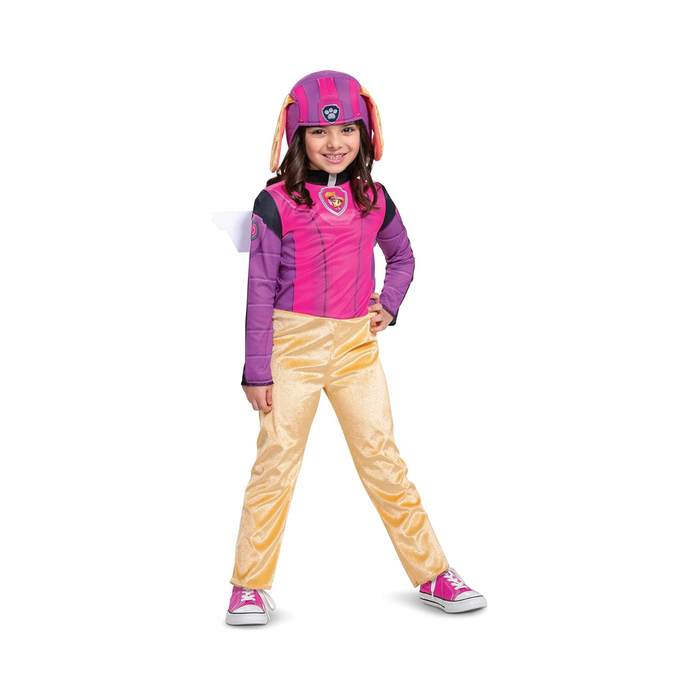 Disfraz de Skye de Paw Patrol para niña, mono rosado y morado con pantalón dorado y diadema con orejas