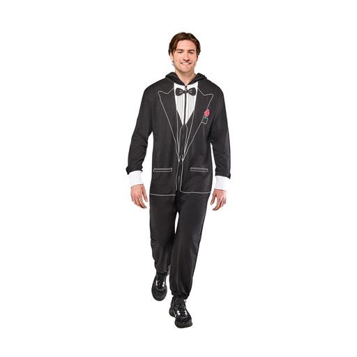 Disfraz de smoking para hombre, enterito negro con capucha y estampado de traje de gala con corbatín y flor roja