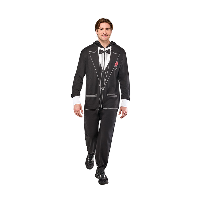 Disfraz de smoking para hombre, enterito negro con capucha y estampado de traje de gala con corbatín y flor roja
