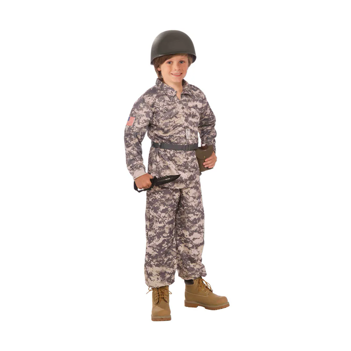 Disfraz de soldado para niño con camisa y pantalón de camuflaje gris, cinturón y casco