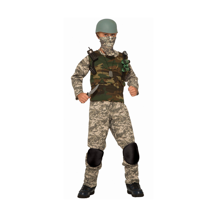 Disfraz de soldado para niño con enterito de camuflaje, chaleco, casco, máscara y rodilleras
