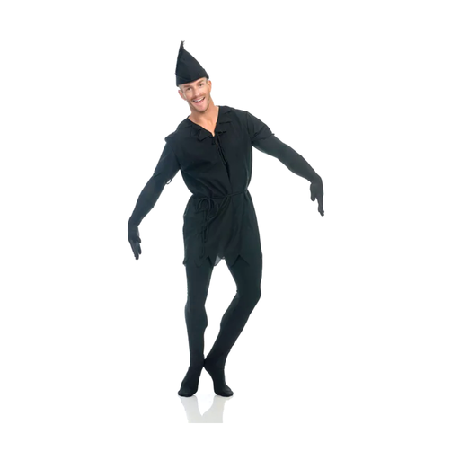 Disfraz de sombra para adulto con enterito negro de cuerpo completo, túnica negra y sombrero puntiagudo