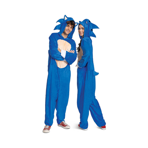 Disfraz de Sonic para adulto, mono azul con capucha de púas y pecho color piel