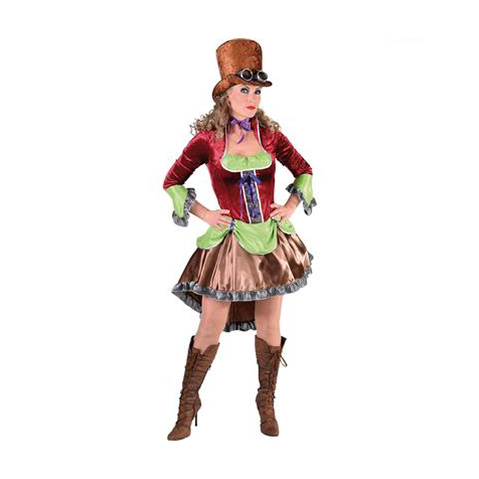 Mujer con disfraz steampunk burlesque burdeo y verde
