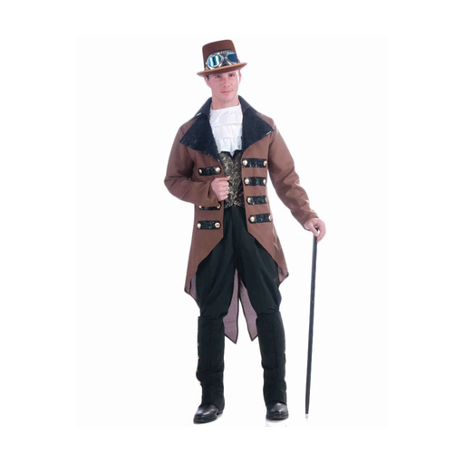 Hombre con disfraz steampunk, levita café, chaleco estampado y jabot blanco