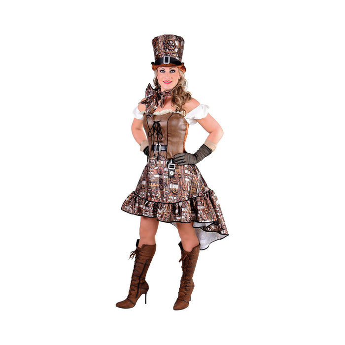 Disfraz steampunk para mujer, vestido corto café con corsé y falda con estampado de engranajes