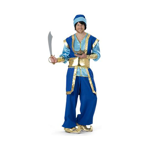 Hombre con disfraz de sultán azul y dorado
