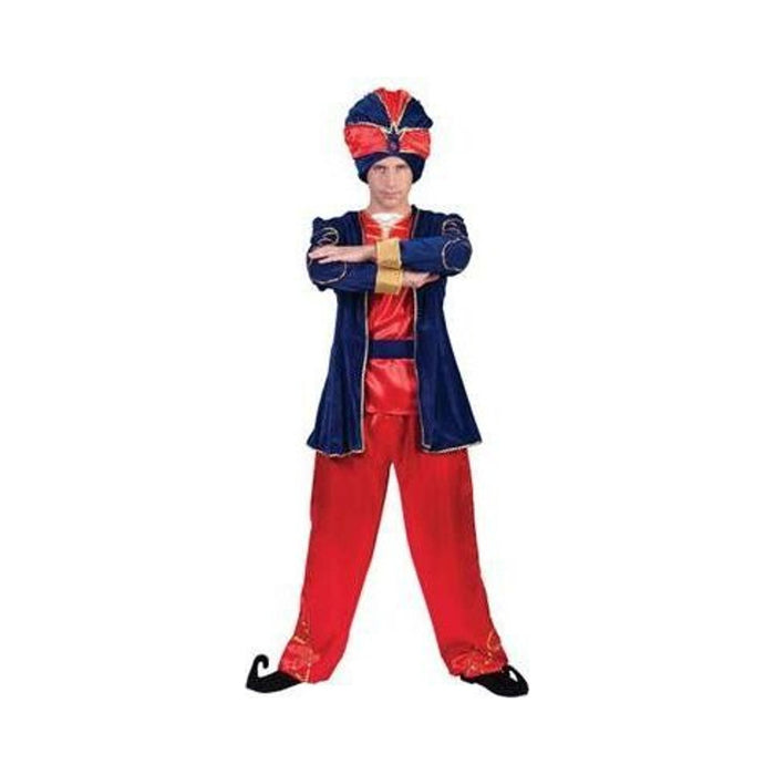 Disfraz de sultán para hombre, abrigo azul con ribetes dorados, pantalón rojo y turbante