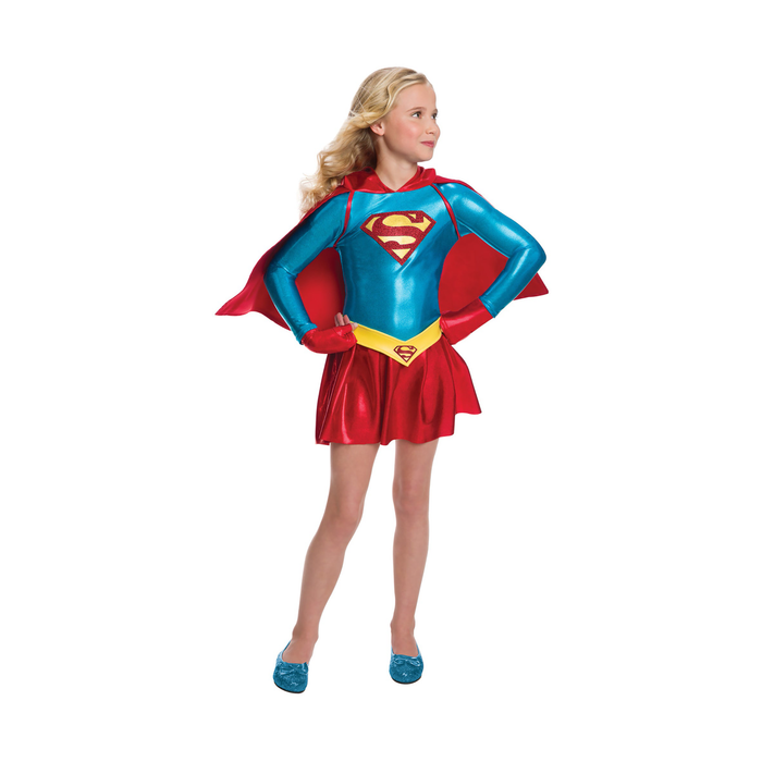 Disfraz de Supergirl para niña con vestido azul metalizado de manga larga, falda roja, capa roja con capucha y guanteletes rojos