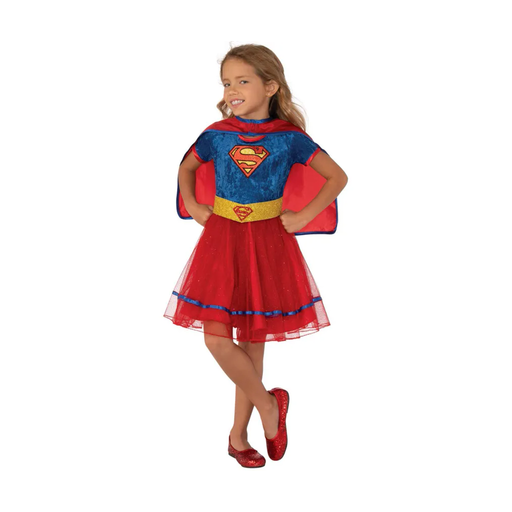 Disfraz de Supergirl para niña con vestido azul y rojo con tul, cinturón dorado y capa roja