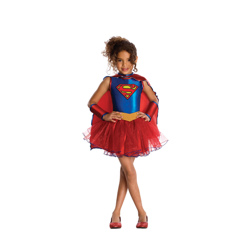 Disfraz de Supergirl para niña con vestido azul metalizado, tutú rojo, capa, guanteletes y cinturón dorado