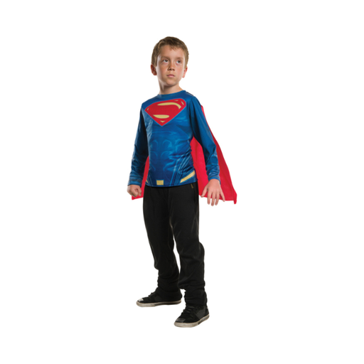 Disfraz de Superman para niño, polera azul con logo en el pecho y capa roja