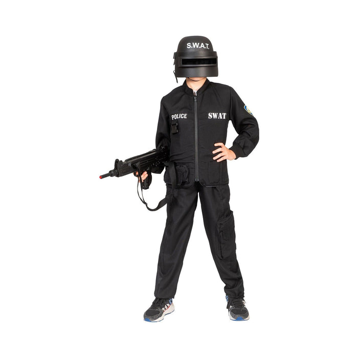 Disfraz SWAT infantil negro con chaleco con la palabra SWAT y casco