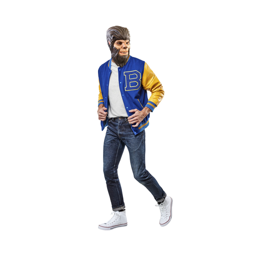Disfraz de hombre lobo Teen Wolf para hombre con chaqueta universitaria azul de mangas amarillas y máscara de hombre lobo