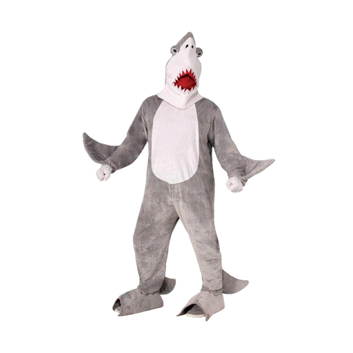 Disfraz de tiburón de peluche gris y blanco para adulto, con aletas y capucha con dientes