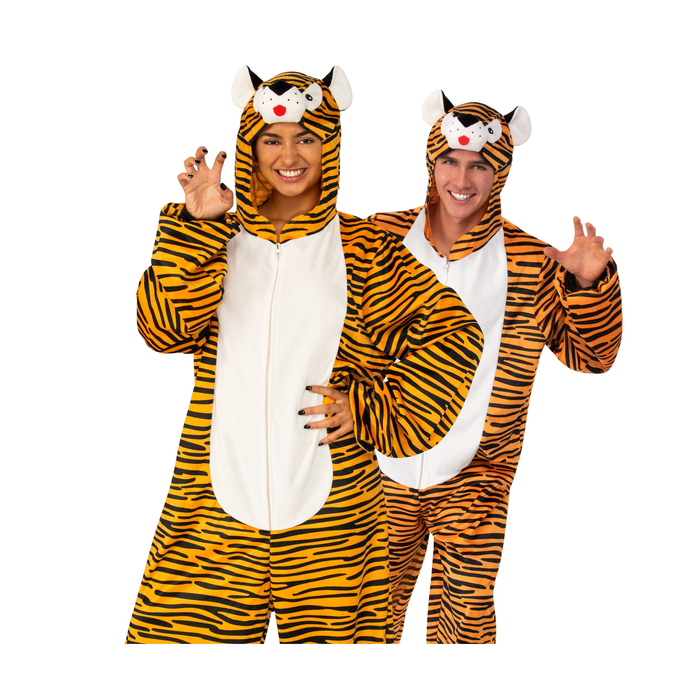 Disfraz de tigre para adulto, enterito naranjo con rayas negras y capucha con cara de tigre, en mujer y hombre