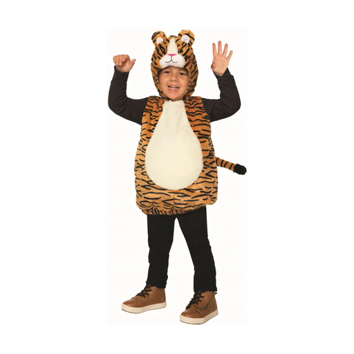 Niño con disfraz de tigre de peluche