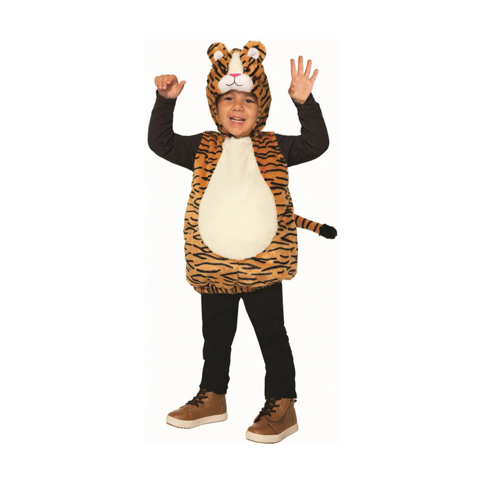 Niño con disfraz de tigre de peluche