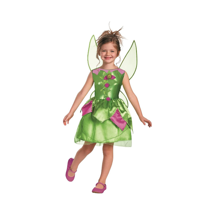 Disfraz de Tinker Bell Campanita para niña, vestido verde con pétalos y alas transparentes