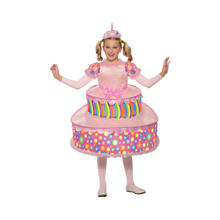Niña con disfraz de torta de cumpleaños rosada con sombrero de torta