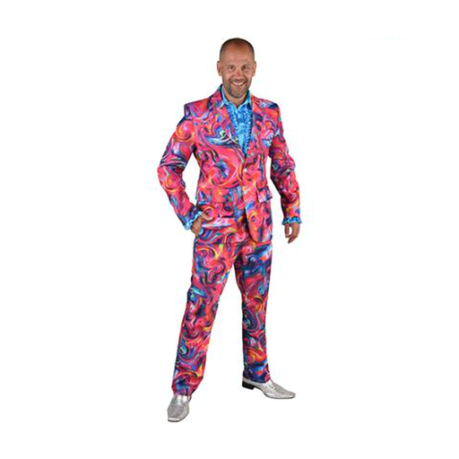 Hombre con traje psicodélico de círculos de colores