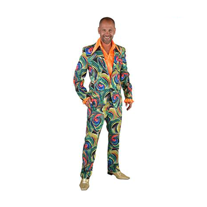 Hombre con traje psicodélico verde de espirales