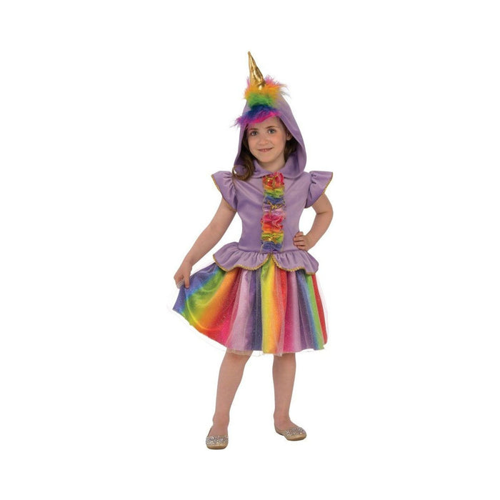 Disfraz de unicornio para niña, vestido lila con falda arcoíris y capucha con cuerno