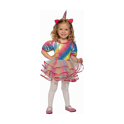Disfraz de unicornio arcoíris para niña con vestido brillante de colores y falda de tul en capas
