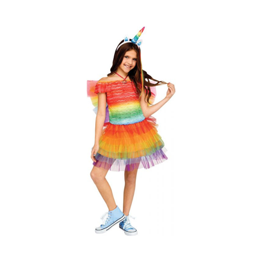 Disfraz de unicornio arcoíris para niña, vestido con volados de tul de colores, alas y cintillo con cuerno