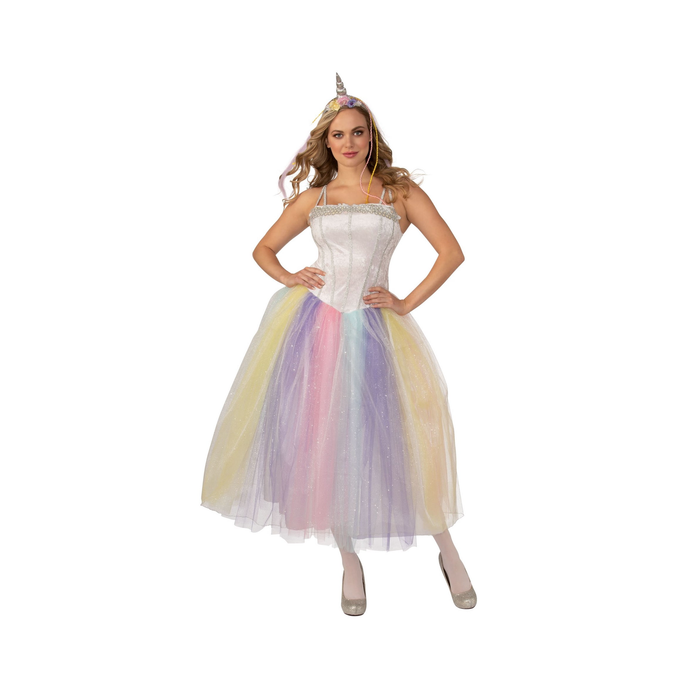Disfraz de unicornio para mujer con vestido de corpiño blanco y falda larga de tul en tonos pastel