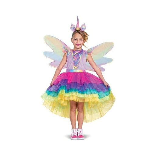 Disfraz de unicornio para niña, vestido lila con falda de tul arcoíris, alas y cintillo con cuerno