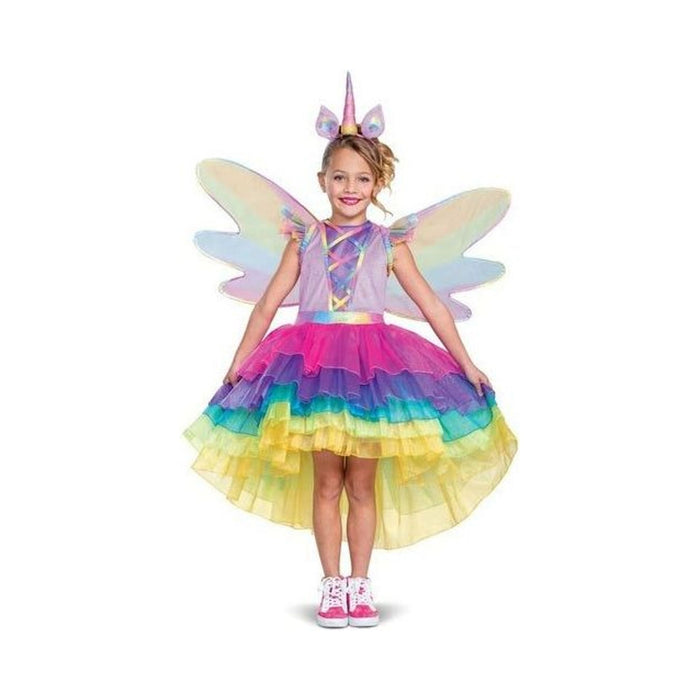 Disfraz de unicornio para niña, vestido lila con falda de tul arcoíris, alas y cintillo con cuerno