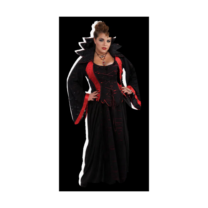 Mujer con disfraz de vampiresa: corsé negro y rojo con cuello alto y vestido largo