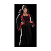 Mujer con disfraz de vampiresa: corsé negro y rojo con cuello alto y vestido largo