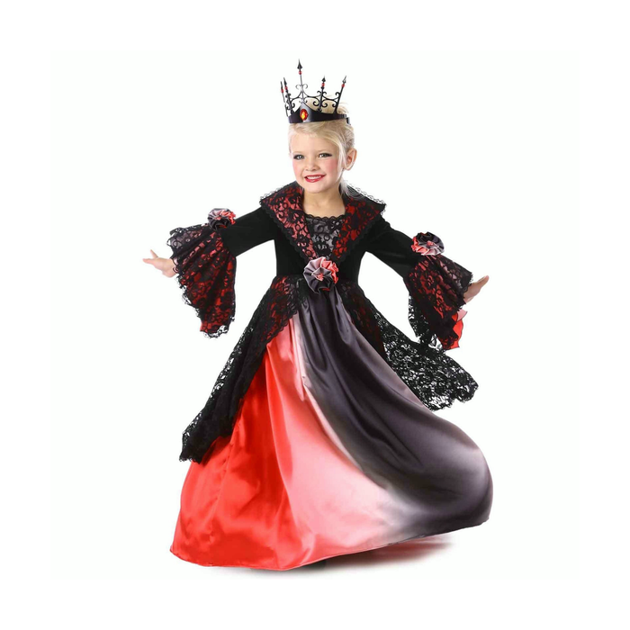 Disfraz de vampiresa para niña con vestido largo negro de encaje, mangas con vuelos y falda degradada roja y negra