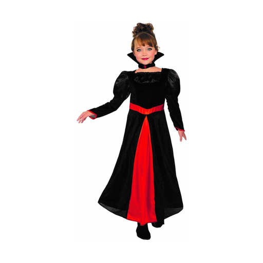 Disfraz de vampiresa para niña: vestido largo negro con panel y cinturón rojos y cuello alto