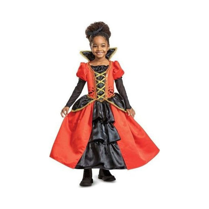 Disfraz de vampiresa para niña, vestido largo rojo y negro con cuello alto, corsé con cordones dorados y cintillo