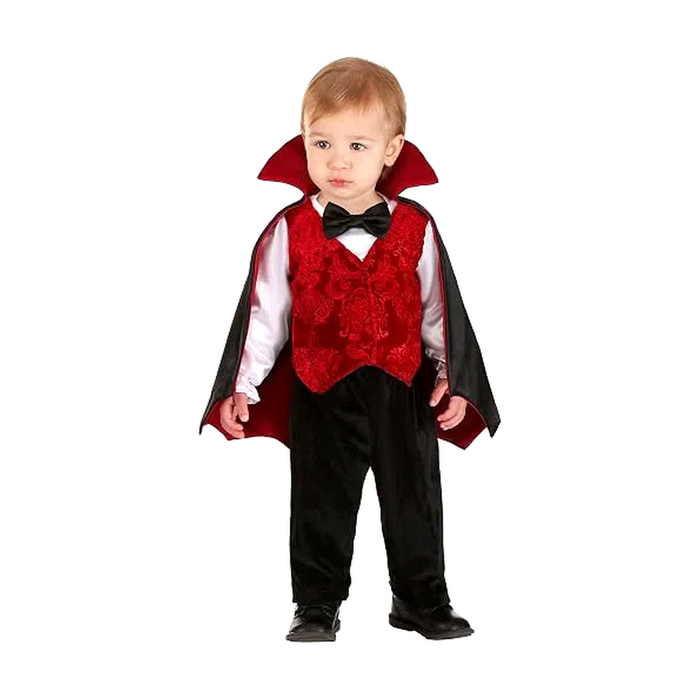 Disfraz de vampiro para bebé con chaleco rojo, humita negra y capa negra con cuello rojo