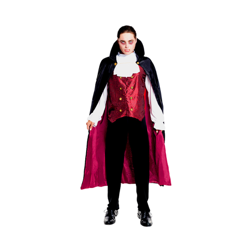 Disfraz de vampiro clásico para adulto con capa negra forrada en burdeo, chaleco burdeo, camisa blanca con jabot y pantalón negro