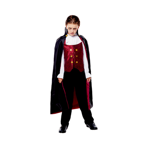 Disfraz de vampiro clásico para niño, capa negra con interior rojo, chaleco rojo con botones dorados, camisa blanca y pantalón negro