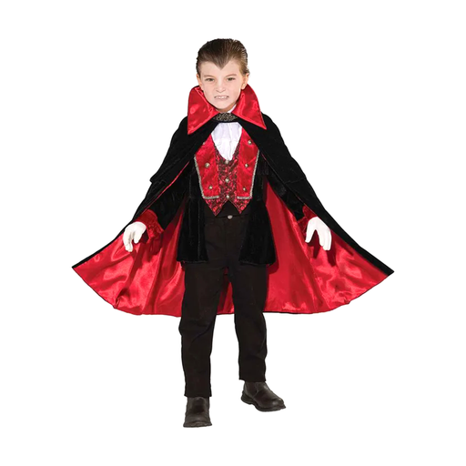 Disfraz de vampiro victoriano para niño con capa negra forrada en rojo, chaleco rojo y jabot blanco