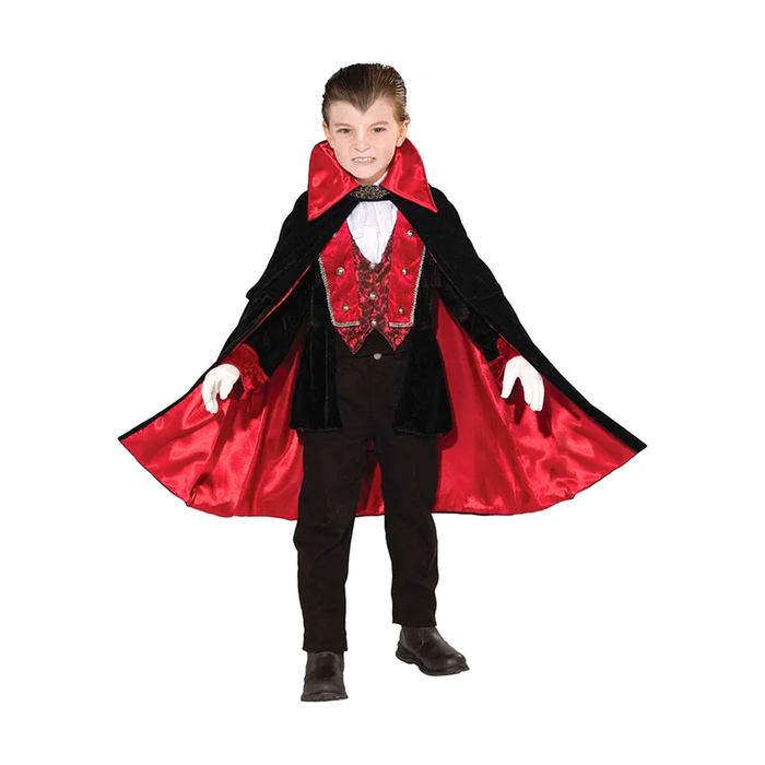 Disfraz de vampiro victoriano para niño con capa negra forrada en rojo, chaleco rojo y jabot blanco