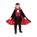 Disfraz de vampiro victoriano para niño con capa negra forrada en rojo, chaleco rojo y jabot blanco