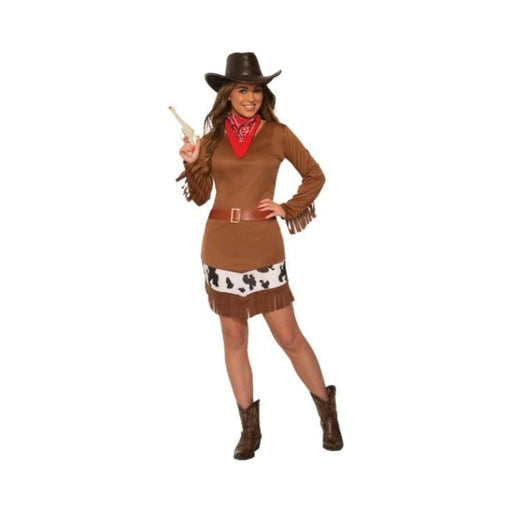 Disfraz de vaquera cowgirl para mujer, vestido café con flecos y ribete con estampado de vaca