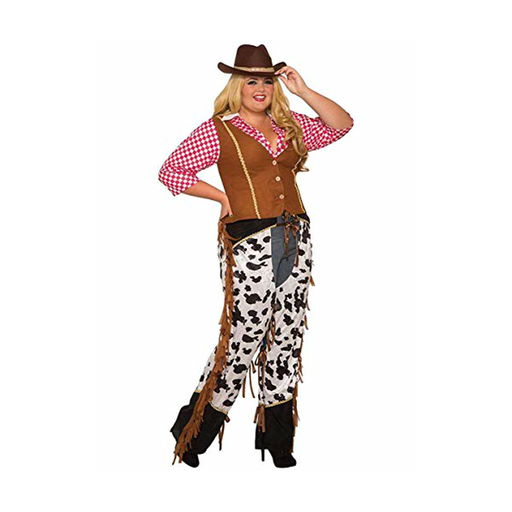 Disfraz de vaquera ranchera para mujer talla plus: camisa a cuadros rojos, chaleco café y zahones con estampado de vaca y flecos
