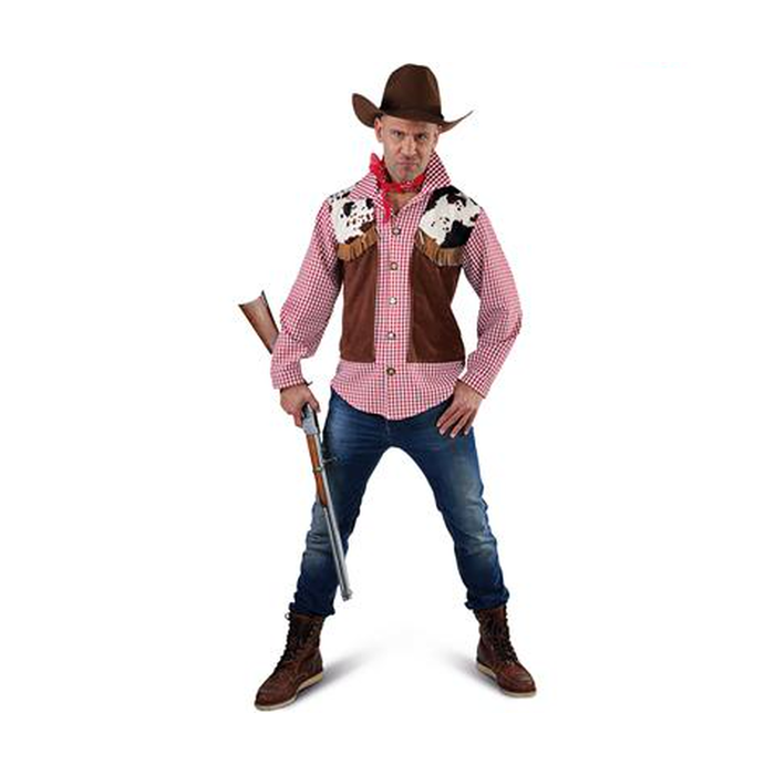Hombre con disfraz de vaquero, camisa a cuadros y chaleco café