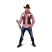 Hombre con disfraz de vaquero, camisa a cuadros y chaleco café