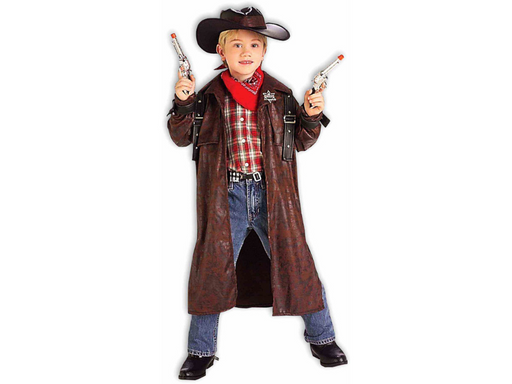 Disfraz de vaquero del oeste para niño, abrigo largo café y sombrero negro