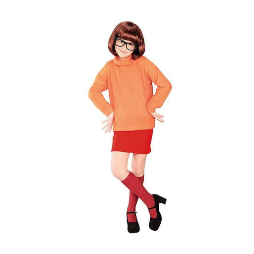 Disfraz de Velma de Scooby-Doo para niña con polera naranja de cuello alto, falda roja, peluca castaña y lentes